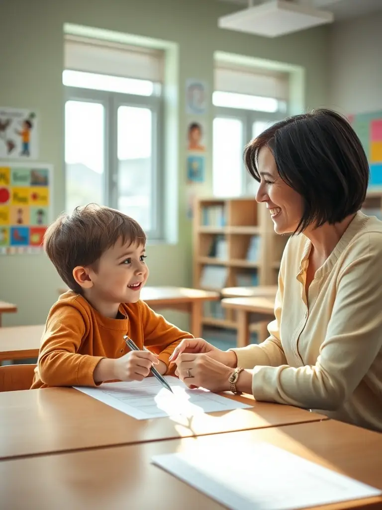 A student learning French in a bright, modern classroom setting, with a friendly teacher assisting them. The scene should convey a sense of cultural immersion and language acquisition.