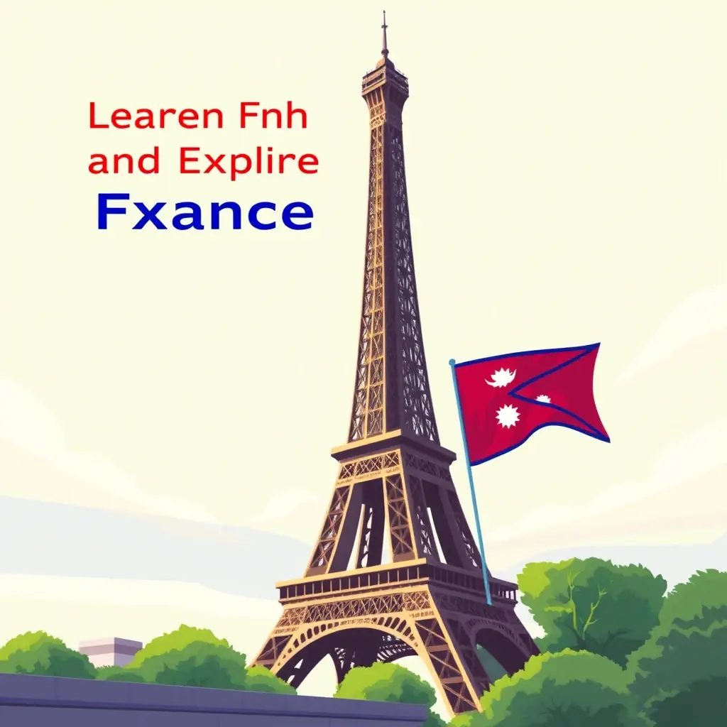 The cover of the book "Learn French and Explore France" shows the Eiffel Tower and a Nepali flag.