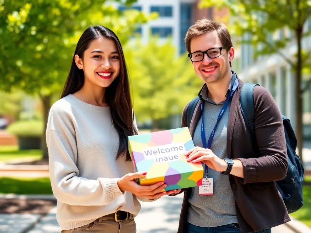 A smiling international student receiving a welcome package at a university campus, symbolizing a smooth transition and support upon arrival.