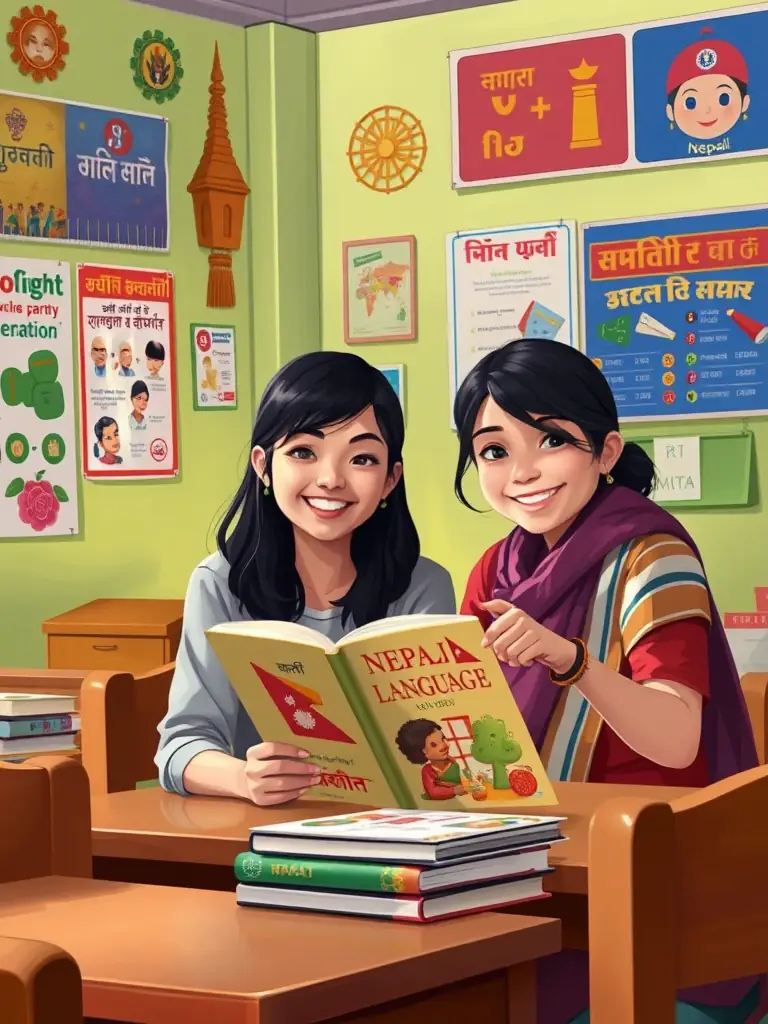 A person learning Nepali language, with a friendly teacher assisting them. The scene should convey a sense of cultural immersion and language acquisition.