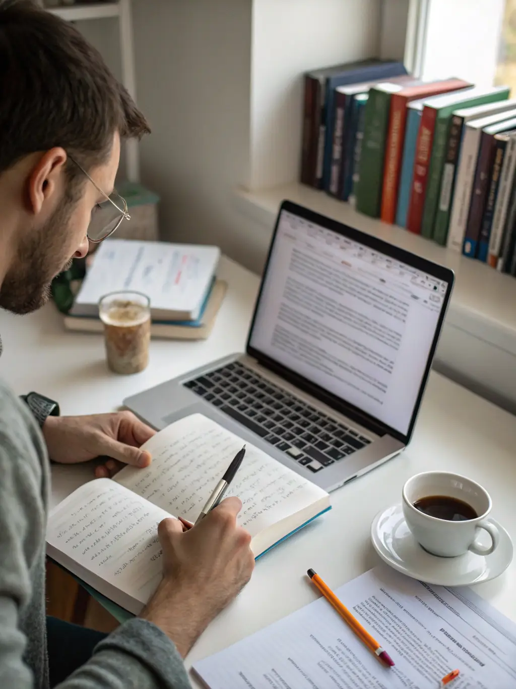 A researcher working on a complex document with multiple sources, highlighting the meticulous attention to detail and thoroughness of the research process.