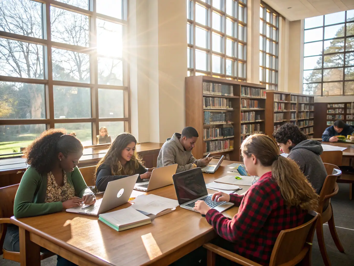 A diverse group of international students studying together in a modern library, representing academic collaboration and support.